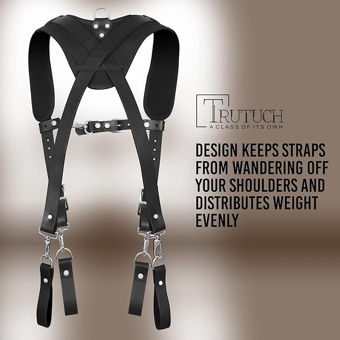 Leather Work Suspenders With Pockets | Fully-Adjustable Padded Leather Tool Belt Suspenders
