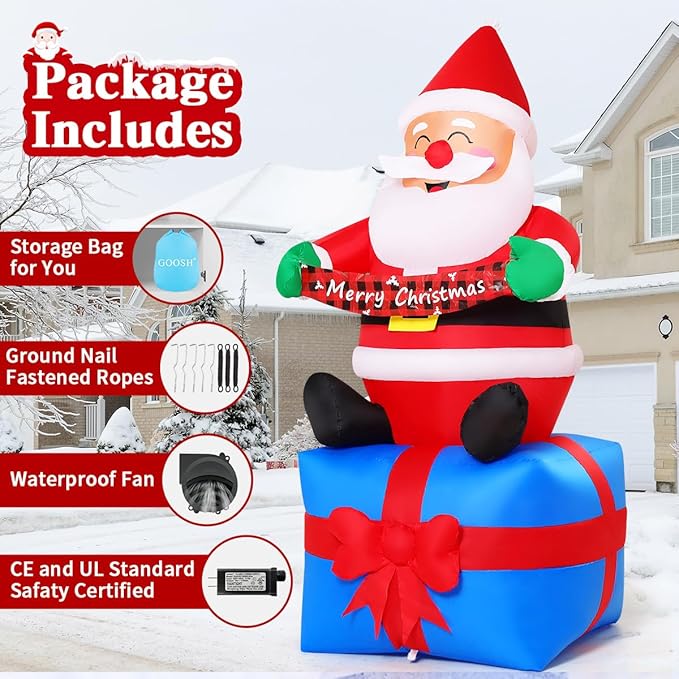 GOOSH 6 FT Christmas Santa Inflatables Outdoor Decorations Smiling Santa Claus Seated with Banner on Present Boxes Blow Up Yard with Built-in LEDs for Christmas Party Yard Garden Lawn Decoration