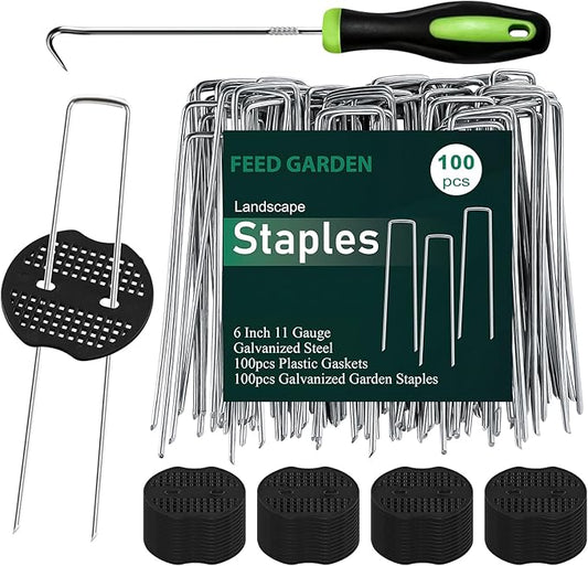 FEED GARDEN 6 Inch 100 Pcs Galvanized Landscape Staples 100 Pcs Gaskets Pick Hook Garden Stakes 11 Gauge Anti-Rust Landscaping Fabric SOD Pins U Shaped Yard Turf Stakes for Weed Barrier Fabric