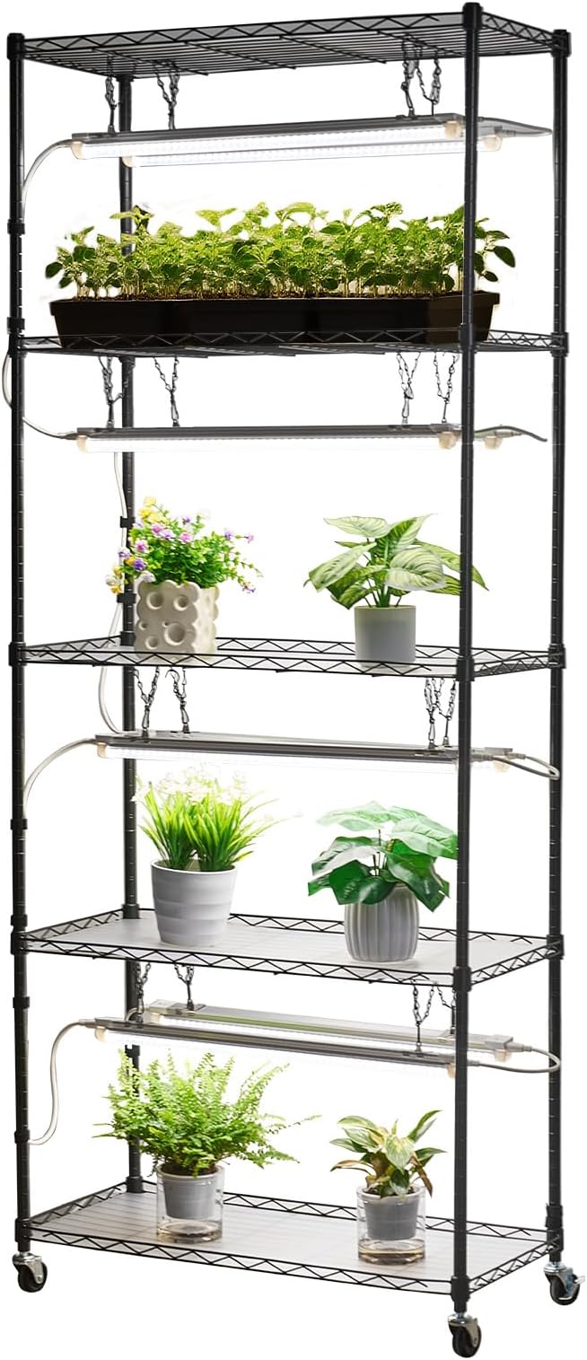 VEVOR DIY Plant Shelf with Grow Lights, 71 in Tall Indoor Plant Stand with Wheels, 192W 5000K Full Spectrum Grow Lights, Heavy Duty Metal Plants Display Rack, Flower Pot Holder for Seed Starting