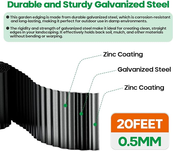 Corrugated Metal Garden Edging,Sturdy Tall Landscape Edging Borders with 6pcs Anchor Stakes, Perfect DIY for Flower Beds, Lawn and Pathway,Tree Surrounds,Paver Edges (Black 6"×20FT)