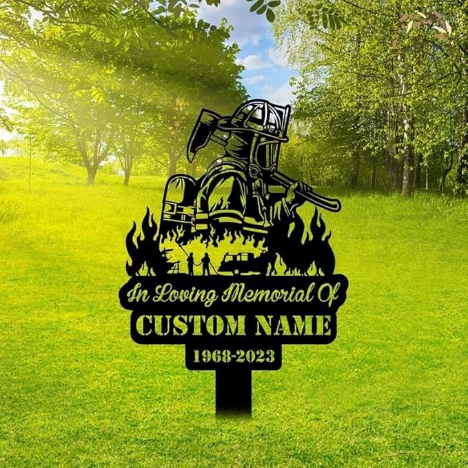 Custom Firefighter Memorial Metal Stake – Personalized Fireman Grave Marker, Firefighter Plaque with Stake, Memorial Yard Decor (Fireman Memorial)