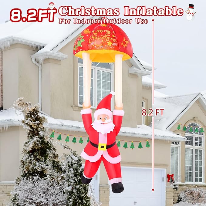 GOOSH 8.2 FT Hanging Musical Christmas Santa Inflatables Decorations, Outdoor Parachute Santa Claus Blow Up Yard with Built-in LEDs for Indoor Party Yard Garden Lawn Decor
