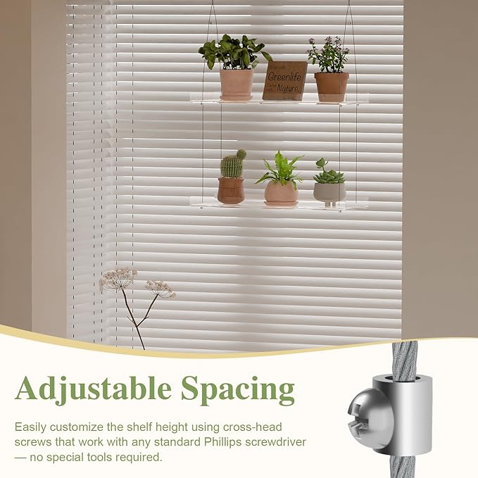2-Tier Acrylic Window Plant Shelf, 16 Inch Wide Adjustable Hanging Shelf for Succulents, Seed Starters, Herbs, Microgreens