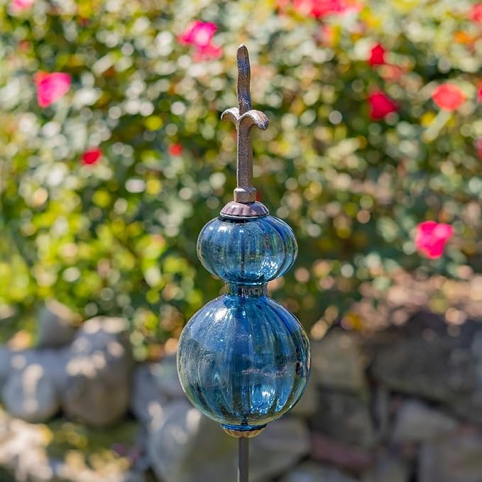 Zaer Ltd. Colored Blown Glass Garden Stake with Cast Iron Finial on Top (Pack of 2) (Dark Blue/Gray)