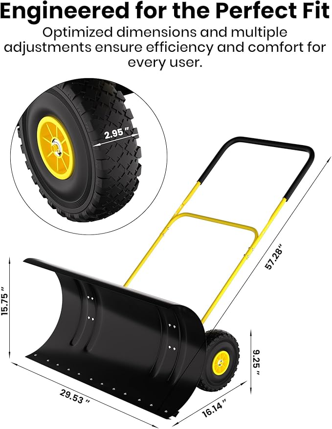 Snow Pusher with Wheels for Driveway, 29.5" Wide Heavy Duty Steel Blade, 2-Position Height Adjustment & 60° Tilt Handle, Ergonomic Push Snow Shovel with Ground Protection for Effortless Snow Removal
