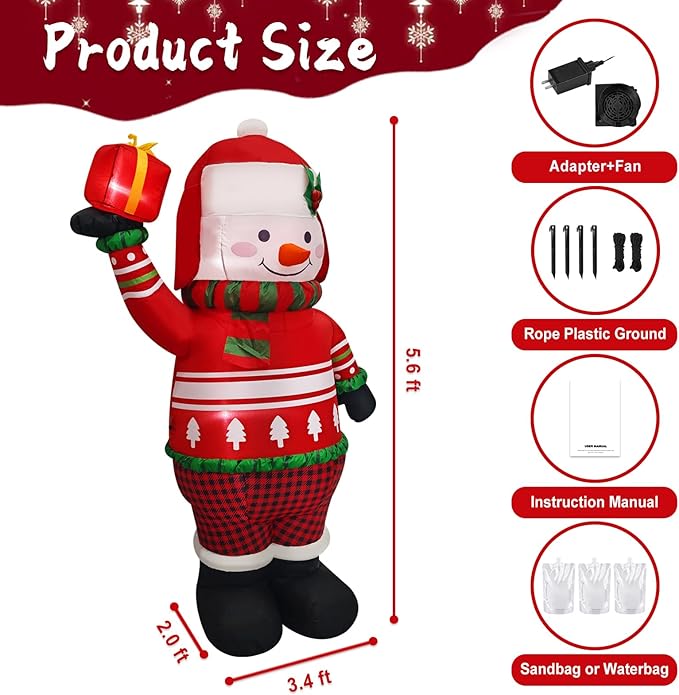 6FT Christmas Inflatable Snowman Decoration Blow Up Snow Man with Red Sweater & Presents Holiday Yard Decor Perfect for Outdoor Winter Lawn, Garden, or Porch Display Outside Décor