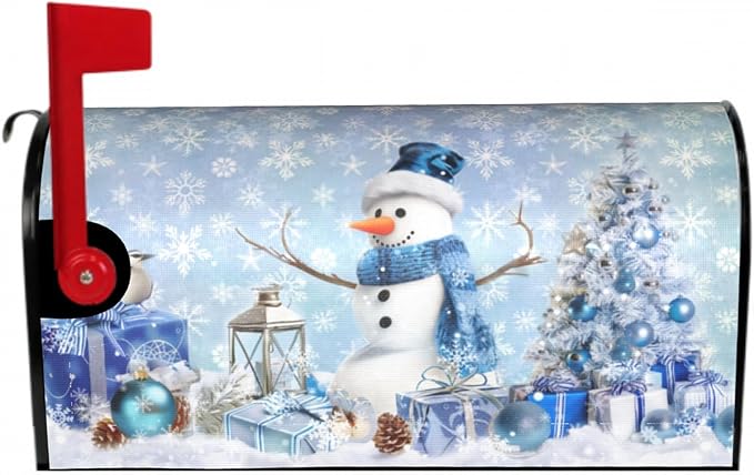 Winter Snowman Mailbox Cover Magnetic 21"x18" Standard Size Blue Christmas Tree Balls Xmas Snowflakes Mailbox Wrap Post Cover Decor for Yard Garden Home Outdoor Holiday New Year