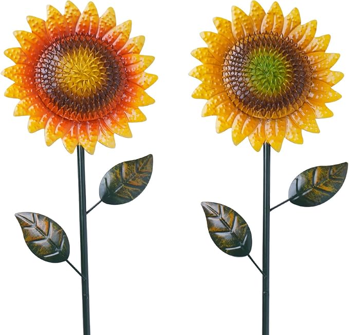 Metal Sunflower Garden Stakes Decor,2 Pack 39" Flower Garden Stake for Outdoor Home Garden Backyard Lawn Pathway Patio Sunflower Sticks Decor