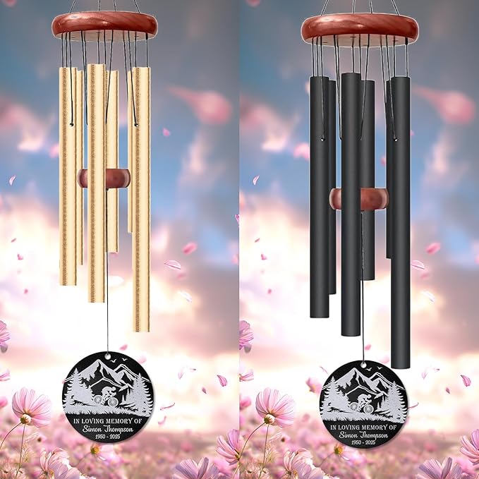 Personalized Mountain Biker Memorial Wind Chime – Custom “in Loving Memory” Cycling Design – White Engraved Outdoor Sympathy Gift for Loss of Loved One – Inspired Adventure Tribute Windchime