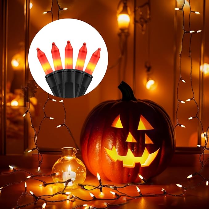 Thanksgiving Decorations Mini Orange Christmas Lights – 100 Count Mini Incandescent, 26.5ft Black Wire, UL Listed Connectable Pumpkin Lights for Porch, Patio, Fall Decor