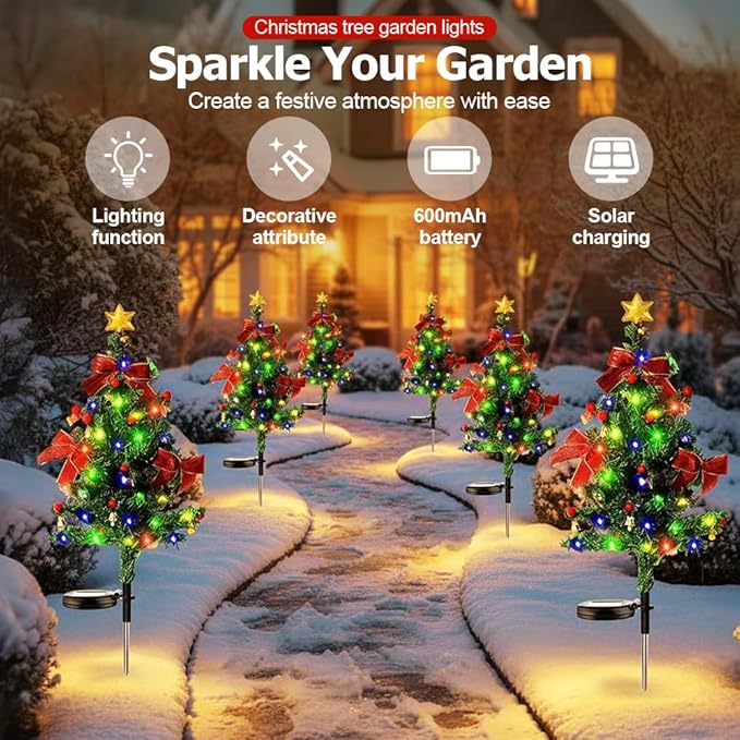 Solar Christmas Trees for Outside, Waterproof Solar Powered Christmas Tree Garden Stake Lights for Outdoor Pathway, Yard & Patio Holiday Decorations (2PC)