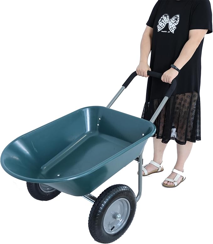 Red Metal Wheelbarrow, Easy Loading and Dumping Garden Cart with Steel Tray, Durable Heavy Duty Utility Trolley for Transporting, Soil, Sand (Green, 15 inch Inflation 2 Wheels)