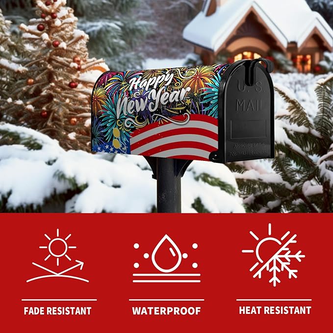 Happy New Year Mailbox Cover New Year Eve Magnetic Mailbox Covers Large Size American Flag Fireworks Balloon Post Letter Box Wrap for Holiday Celebration Party Outdoor Oversized 25.5 X 21 Inch