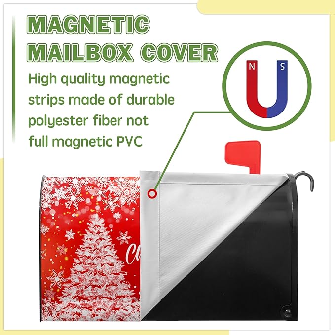 Merry Christmas Mail Box Covers Magnetic Standard Size 21x18 inch Winter Deer Snowflake Mailbox Cover Xmas Tree Mail Box Wrap for Outside Garden Yard Red