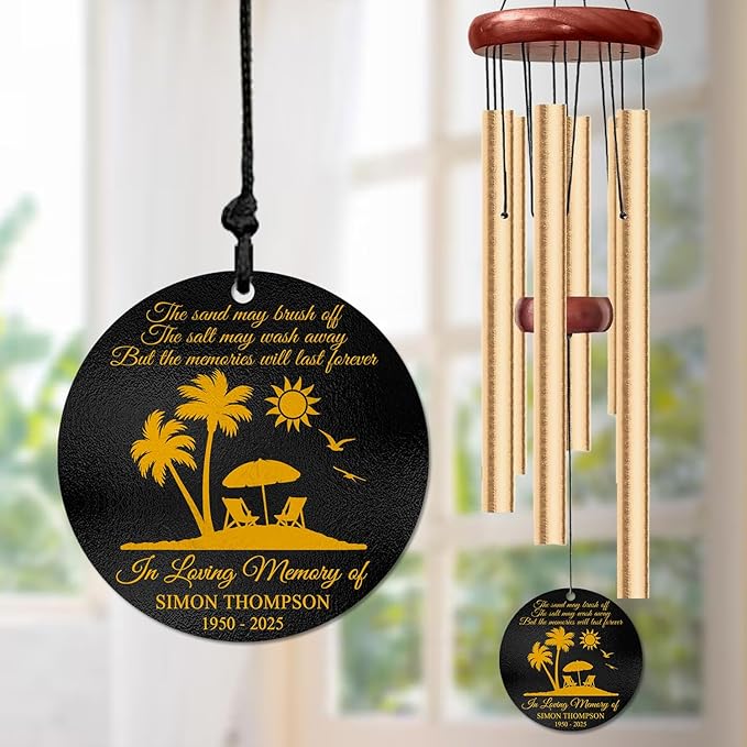 Personalized Beach Memorial Wind Chime – “The Waves May Fade, But The Love Remains” Custom Engraved Name & Years – Sympathy Gift for Ocean Lovers – Outdoor Memorial Windchime for Loss of Loved One