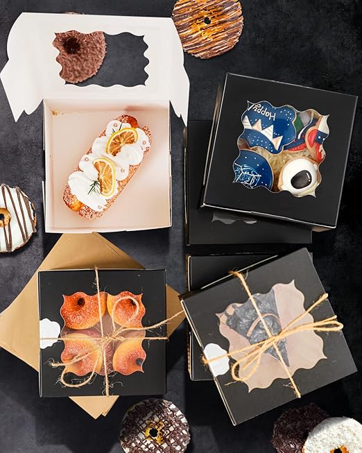 qiqee Black Bakery Box with Window 60packs 6x6x3 Black Cookie Boxes Pastry Box for Wedding Favor Birthday ＆ Party