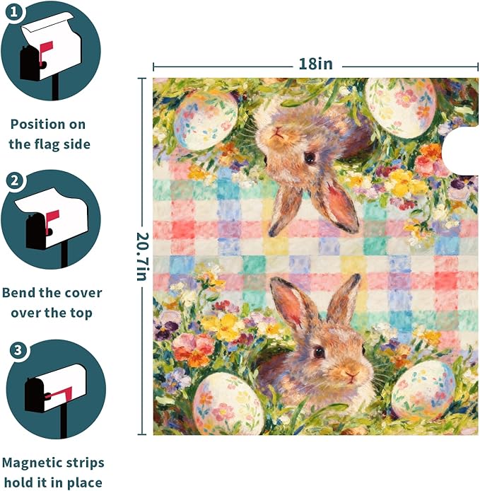 Easter Bunny Floral Mailbox Covers Magnetic Standard Size Pastel Plaid Rabbit Flower Egg Spring Holiday Theme Outdoor Seasonal Decorative Letter Box Cases for Home Garden Outside Decor, 21x18 Inch