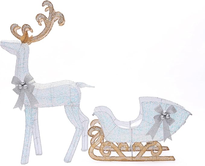 LuxenHome Lighted Reindeer Christmas Outdoor Yard Decorations, Prelit Reindeer and Sleigh Indoor & Outdoor Christmas Decor with 240 LED Lights, Xmas Decorations for Front Porch, Lawn, Garden Display