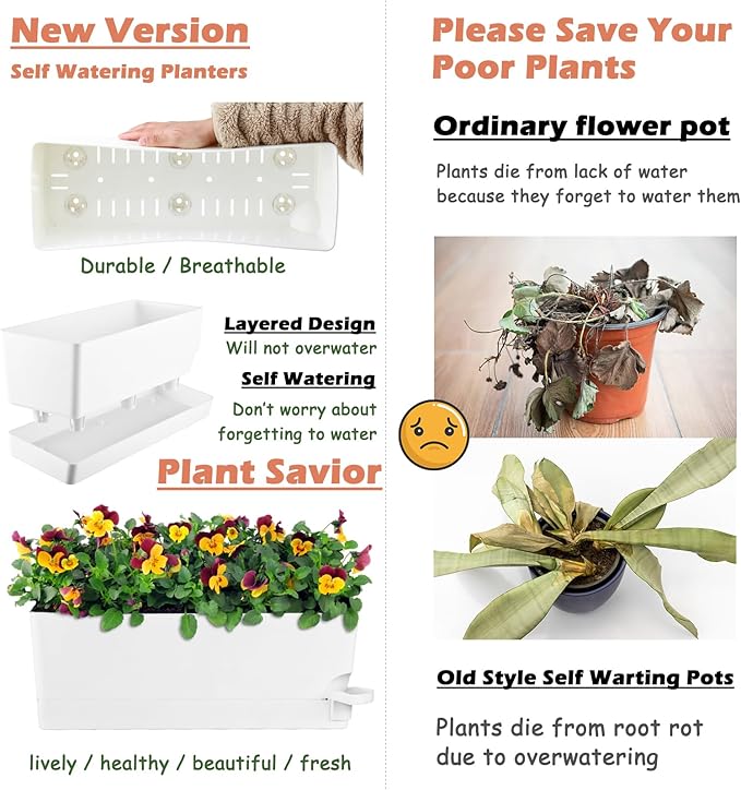 4 Pack Self Watering Pots for Indoor Plants 17 Inches Window Boxes Planters Rectangular Flower Pots Rectangle Herb Pots Large Plant Pots with Drainage Holes and Saucers Windowsill Planter, White