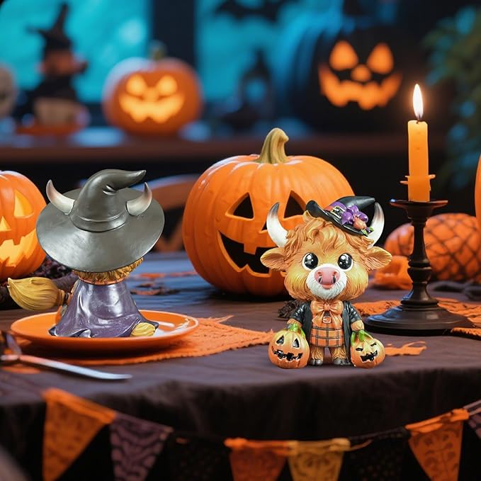 2PCS Cute Magic Highland Cow Figurine Witch Hat Broom Cow Gnomes Resin Statue Christmas Scottish Highland Cow Decor Calf Lovers Gifts Farmhouse Office Home Tiered Tray Decor