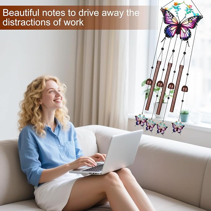 Butterfly Wind Chimes for Outside,Metal Windchimes with S Hook with Playful Design Wind Chime Garden Decor Outdoor Ideal Memorial/Housewarming/Birthday/Festival Gifts Front Yard Decor