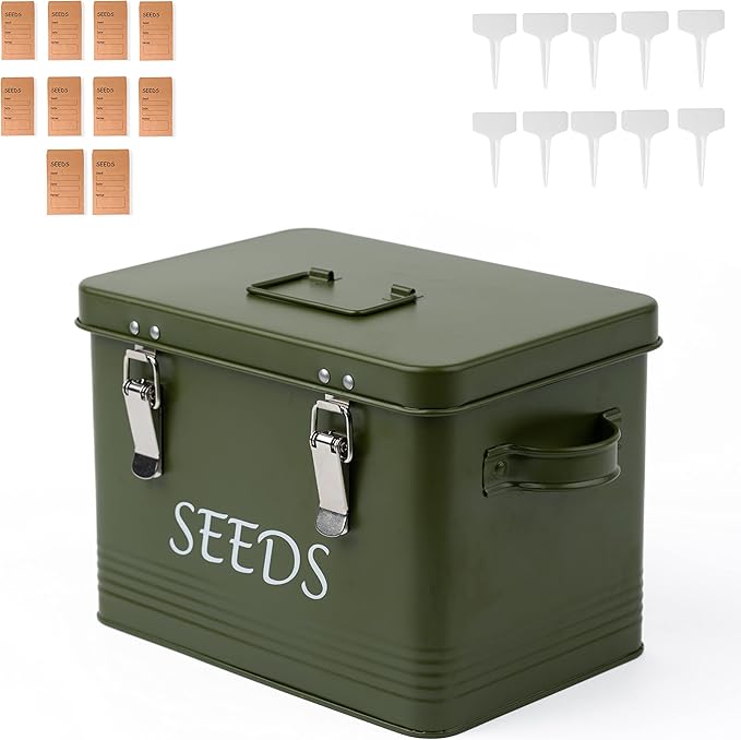 Seed Storage Box Garden Seed Packet Storage Organizer Seed box with dividers, Comes with 10 Seed envelopes, 10 Plant Labels