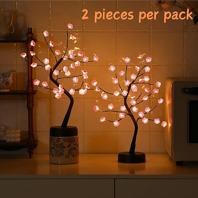 2 Cherry Blossom Bonsai Tree Lights, 36 LED Tree Lights, Japanese Style Decorative Batteries, and USB Plug-in Desktop Lighting Tree Lamps for Indoor Modern Home Decoration (Warm White)