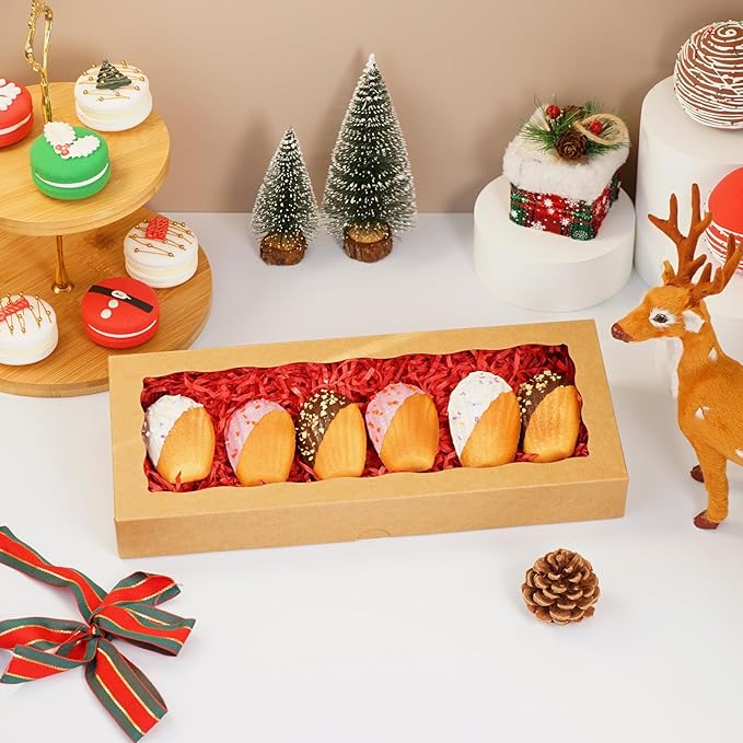 5pcs Cookie Boxes with window 12 x 5 x 1.5 Inch Bakery Boxes Treat Box Dessert Box for Wedding Party Favors - Brown