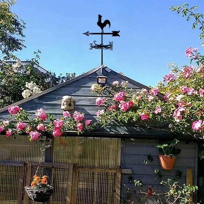Rooster Weathervane Silhouette Art Black Metal Cock Wind Vanes Indicator Kit Outdoor Bracket for Garden Roof Yard Building (M)