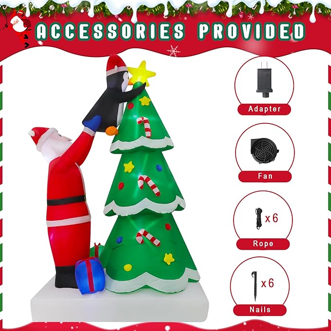 9FT Christmas Inflatables Tree Outdoor Decoration, Santa Claus & Penguin Lighted Party Decoration, Blow Up Decor with Built-in LED Lights Suitable for Lawn/Yard/Garden/Porch