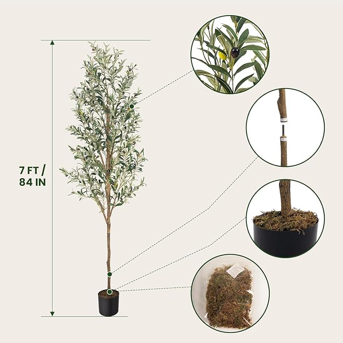 Artificial Fake Olive Tree 7FT Tall 1Pack Faux Silk Olive Tree for Home Living Room Office Decor Faux Artificial Plants Indoor Fake Potted Plants with Fruit & Free Moss