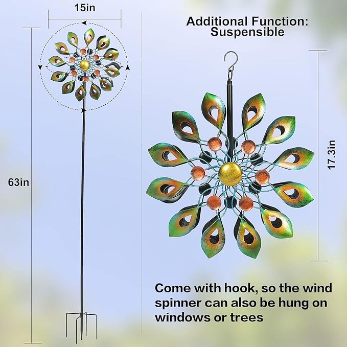63 Inch Kinetic Wind Spinners with Stake, Metal Windmill Garden Decorations, 360 Swivel Peacock Outdoor Wind Sculpture, Dual Direction Wind Catcher for Yard Art, Lawn Decor, Idea Gifts