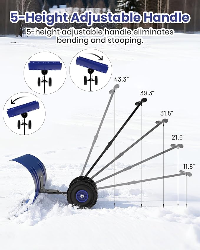 Snow Pusher with Wheels for Driveway, 29.5" Wide Heavy Duty Steel Blade, 5-Position Angle Adjustment & 60° Tilt Handle, Ergonomic Push Snow Shovel with Ground Protection for Effortless Snow Removal