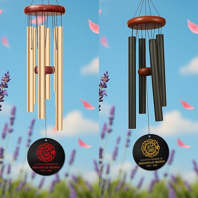 Personalized Firefighter Memorial Wind Chime – Custom Name & Years – “in Loving Memory” Golden Firefighter Symbol – Tribute Sympathy Gift for Firefighter Family, Colleagues & Everyday Heroes