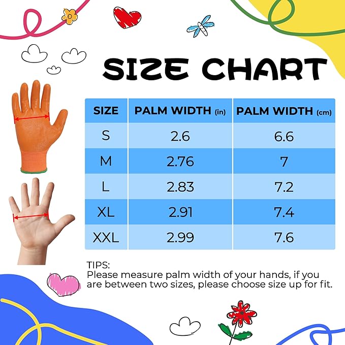 HANDLANDY 2 Pairs Kids Gardening Gloves, Toddler Children Garden Yard Work Outdoor Playing Gloves, Rubber Coating, for Girls Boys Youth (Size XL, Orange)