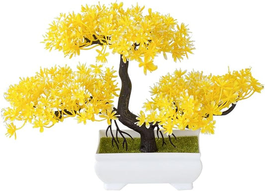 Mini Artificial Bonsai Tree Plants with Plastic Cement Pots for Home Office Décor(Yellow)