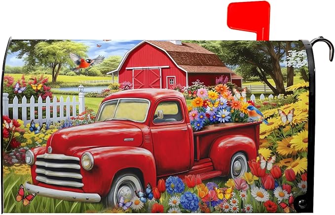 Red Truck Mailbox Cover Summer Mailbox Covers Magnetic Colorful Floral Mail Box Cover Standard Size 21x18 inch Decorations for Outside Garden Farmhouse Spring Butterfly