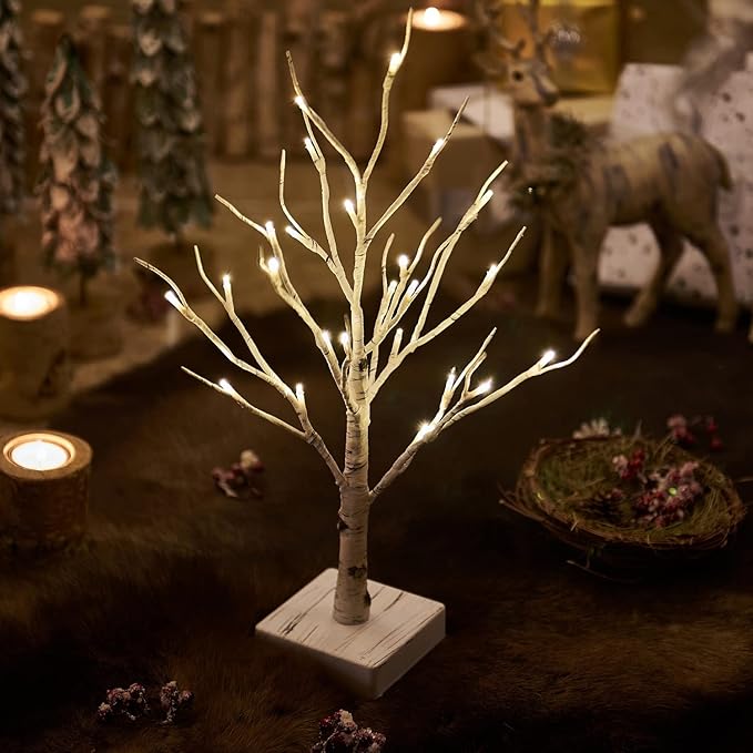 Fudios Lighted Birch Tree with Timer Battery Operated 18in Home Decor Tabletop, Pre lit Artificial Birch Trees with 24 LED for Wedding Christmas Party 2 Sets