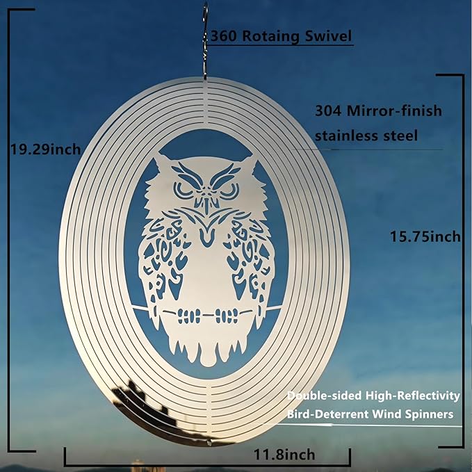 Owl Scarecrow Bird Deterren for Outside Patio Garden Porch Pool Window,16" Mirror High Reflective Bird Scare Devices Wind Spinners Outdoor Decor,Bird Reflectors to Keep Woodpecker Away from House