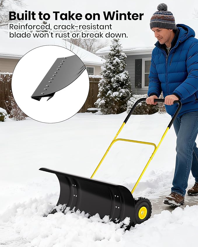 Snow Pusher with Wheels for Driveway, 36" Wide Heavy Duty Steel Blade, 2-Position Height Adjustment & 60° Tilt Handle, Ergonomic Push Snow Shovel with Ground Protection for Effortless Snow Removal