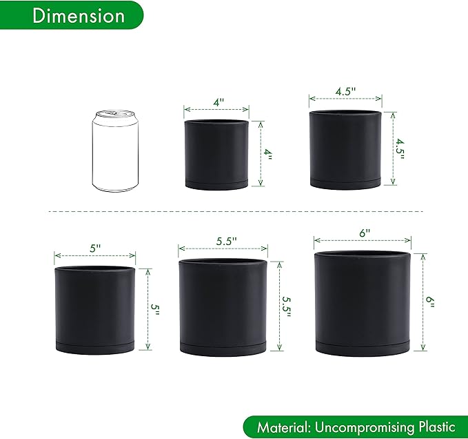D'vine Dev Pack of 10 Plastic Plant Pots (2 Set of 6 Inch, 5.5 Inch, 5 Inch, 4.5 Inch, 4 Inch) Small Planter Pots for Plant with Drainage Holes and Saucers, Black, 74-R-B