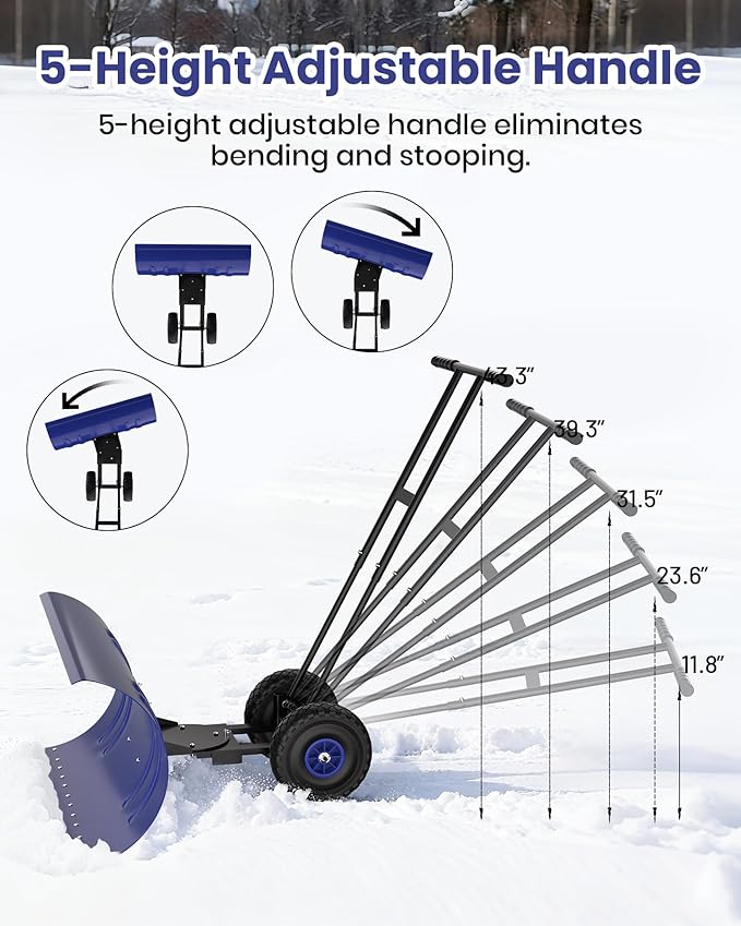 Snow Pusher with Wheels for Driveway, 29.5" Wide Heavy Duty Steel Blade, 7-Position Angle Adjustment & 60° Tilt Handle, Ergonomic Push Snow Shovel with Ground Protection for Effortless Snow Removal