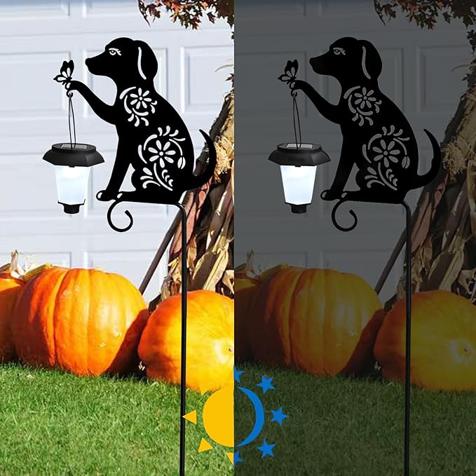 Dog Solar Lights Outdoor Garden Decoration, Dog Garden Statues, Outdoor Metal Decorative Garden Stakes with Solar Lantern for Lawn Yard Pathway Patio Gardening Gifts