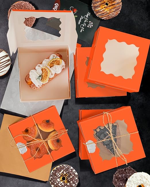 qiqee Orange Cookie Boxes with Window 36packs 6x6x3 Orange Bakery Box Pastry Box for Wedding Favor Birthday ＆ Party