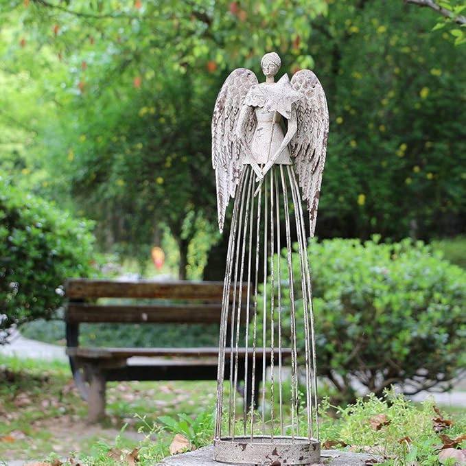 Antiqued Metal Garden Angel Statue with Star Wand, Indoor Outdoor Angel Yard Art Decor Lawn Patio Decorations Holiday Decor Garden Present Idea, 26"H (Star Wand)