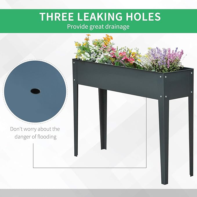Outsunny Metal Raised Garden Bed, Elevated Planter Box with Legs and Drain Holes, Dark Gray