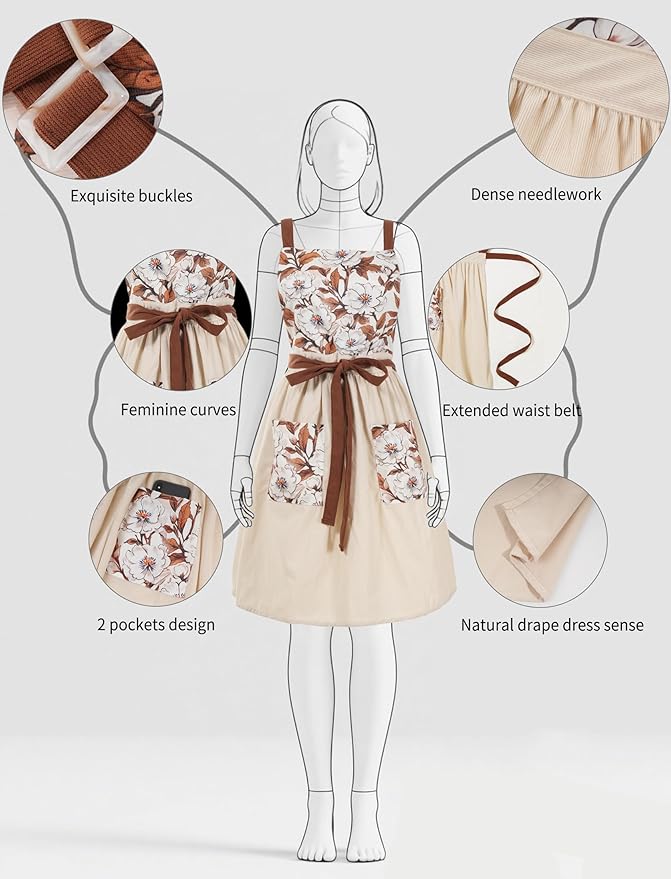 Vintage Pinafore Apron Dress for Women with Pockets Cute Floral Chef Aprons for Kitchen Cooking Baking Gardening