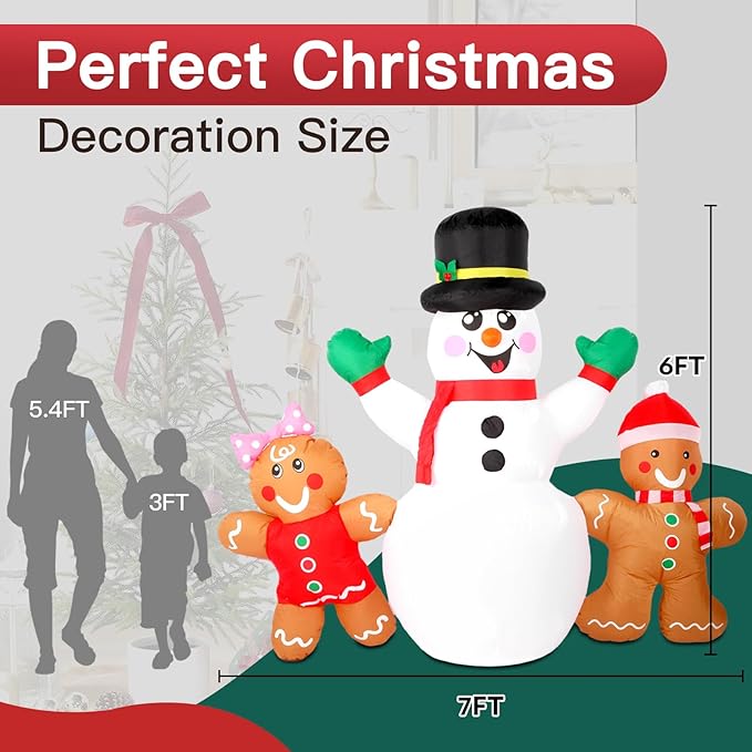 6FT Christmas Inflatables Decorations Outdoor，Blow Up Christmas Snowmen and Gingerbread Men with Built-in LEDs Lights for Indoor Holiday Party Yard Garden Lawn Décor