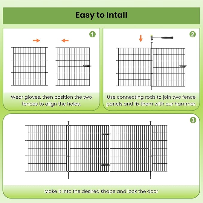 Garden Fence Panels with Gate 14.5ft(L) X 40in(H), Garden Fencing for Yard Includes Gloves, Hammer&Zip Ties, Rustproof Metal Wire Temporary No Dig Dog Fence Outdoor for Yard